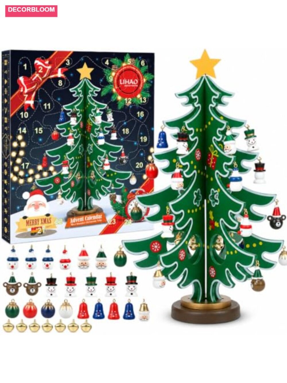 Wooden Christmas Tree Advent Calendar 24 Ornaments Reusable Countdown Decor